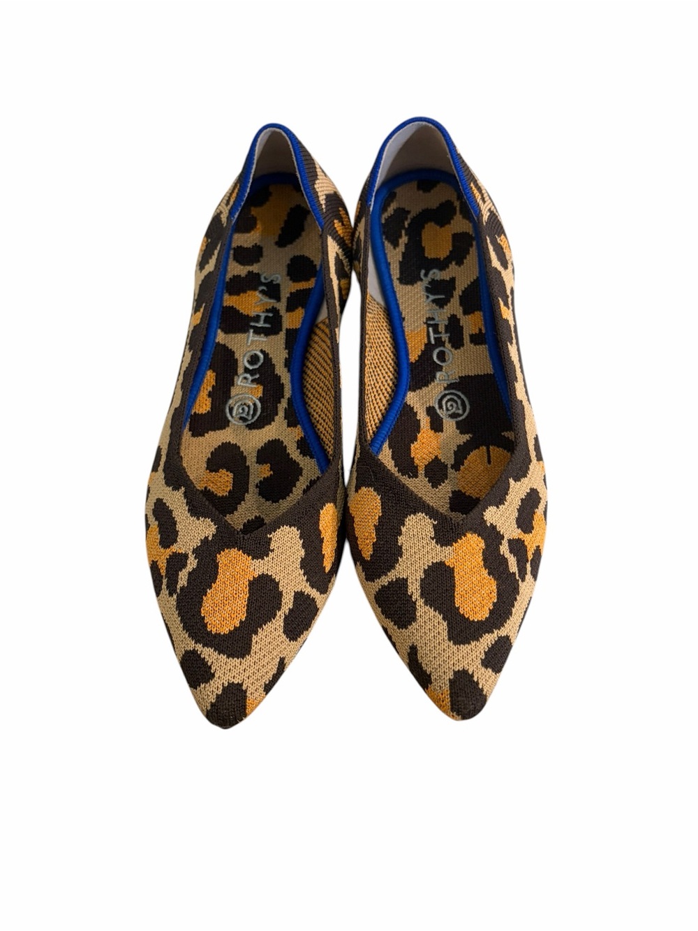 Rothy's Leopard-Print Pointed Knit Flats in Brown and Black with Blue Trim